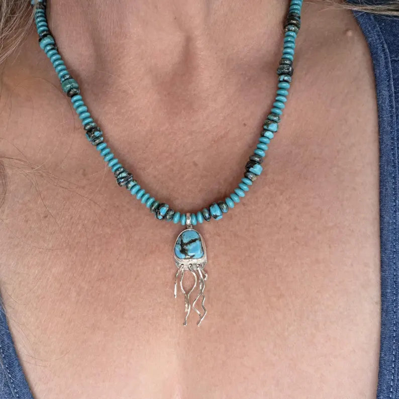 Hand Beaded Kingman Turquoise Sterling Silver Jellyfish Necklace