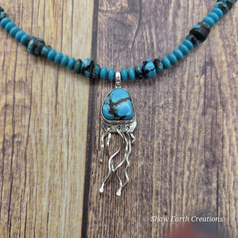 Hand Beaded Kingman Turquoise Sterling Silver Jellyfish Necklace