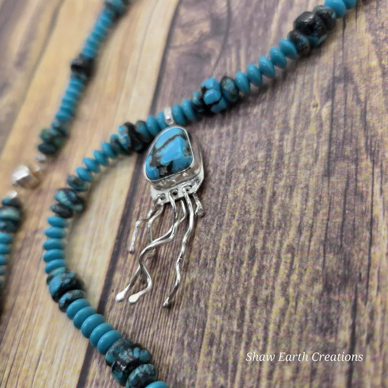 Hand Beaded Kingman Turquoise Sterling Silver Jellyfish Necklace