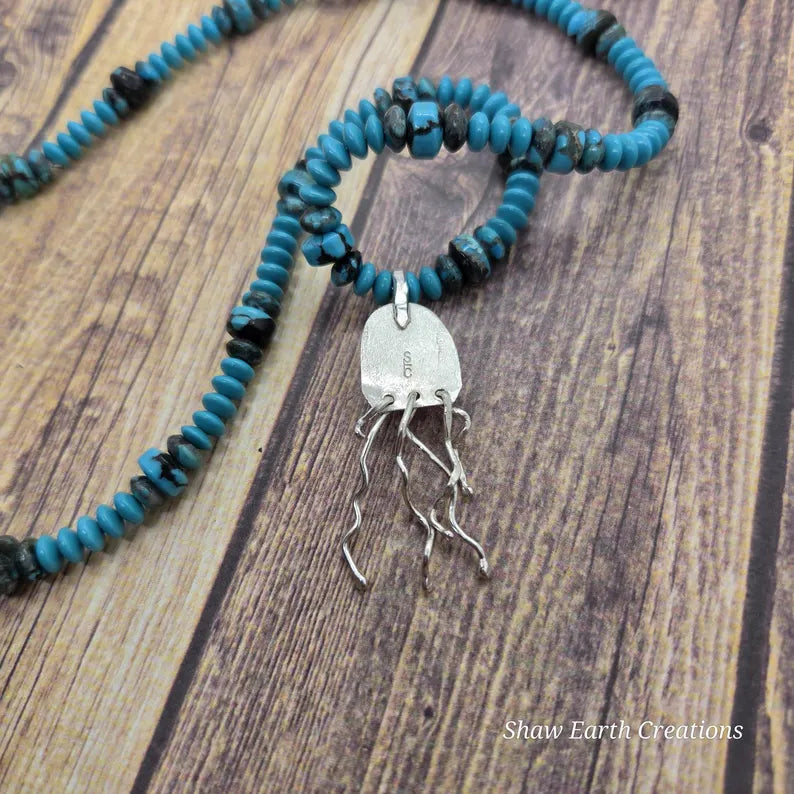 Hand Beaded Kingman Turquoise Sterling Silver Jellyfish Necklace