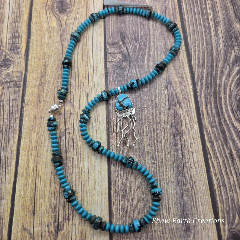 Hand Beaded Kingman Turquoise Sterling Silver Jellyfish Necklace