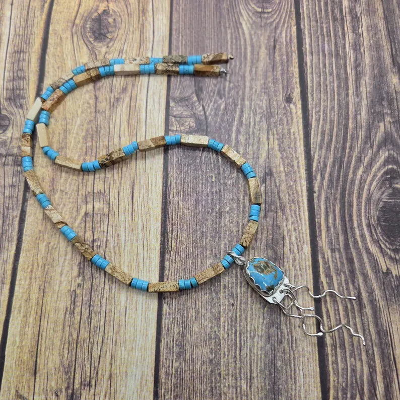 Handcut Kingman Turquoise and Biggs Jasper Sterling Silver Jellyfish Necklace