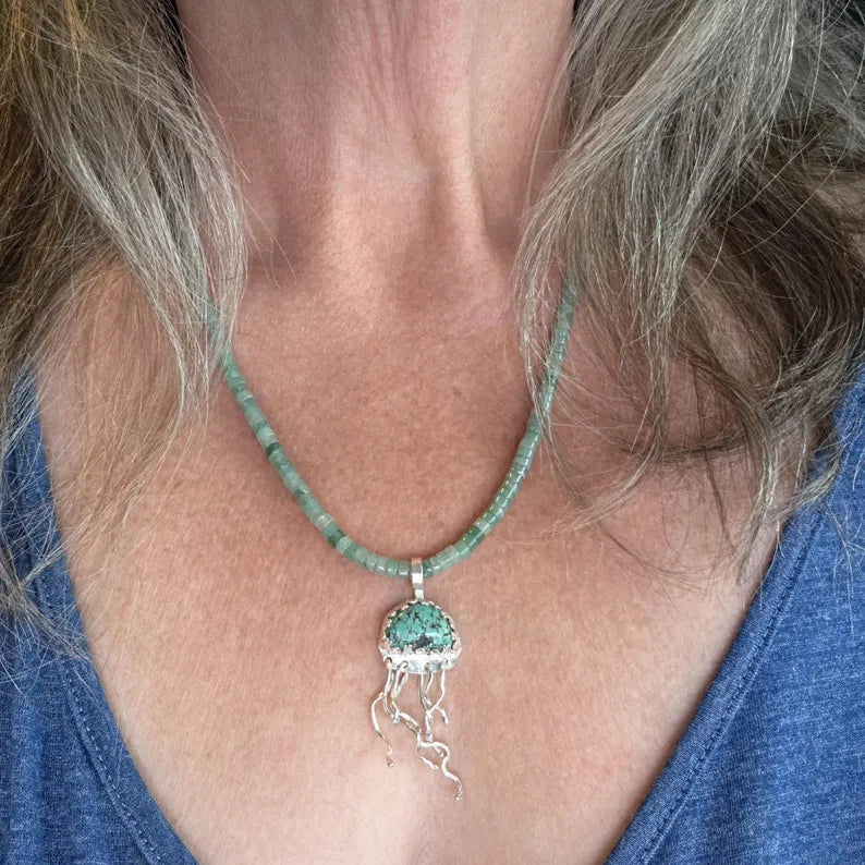 Handcut Green Turquoise and Aventurine Sterling Silver Jellyfish Necklace