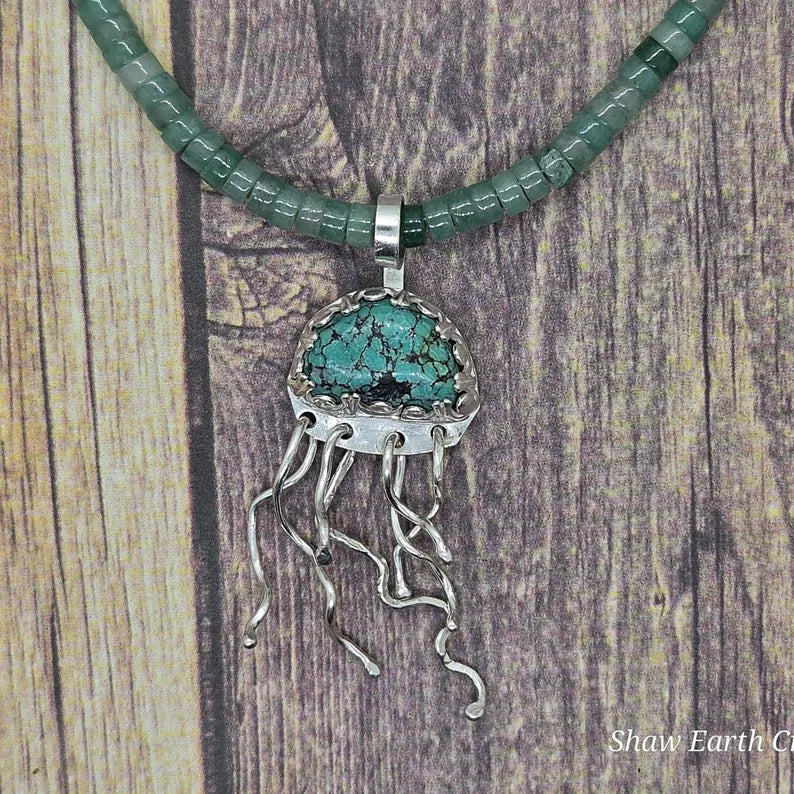 Handcut Green Turquoise and Aventurine Sterling Silver Jellyfish Necklace