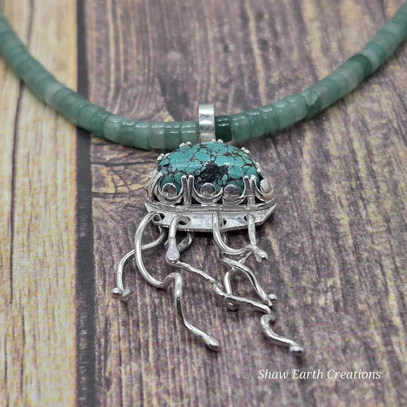 Handcut Green Turquoise and Aventurine Sterling Silver Jellyfish Necklace