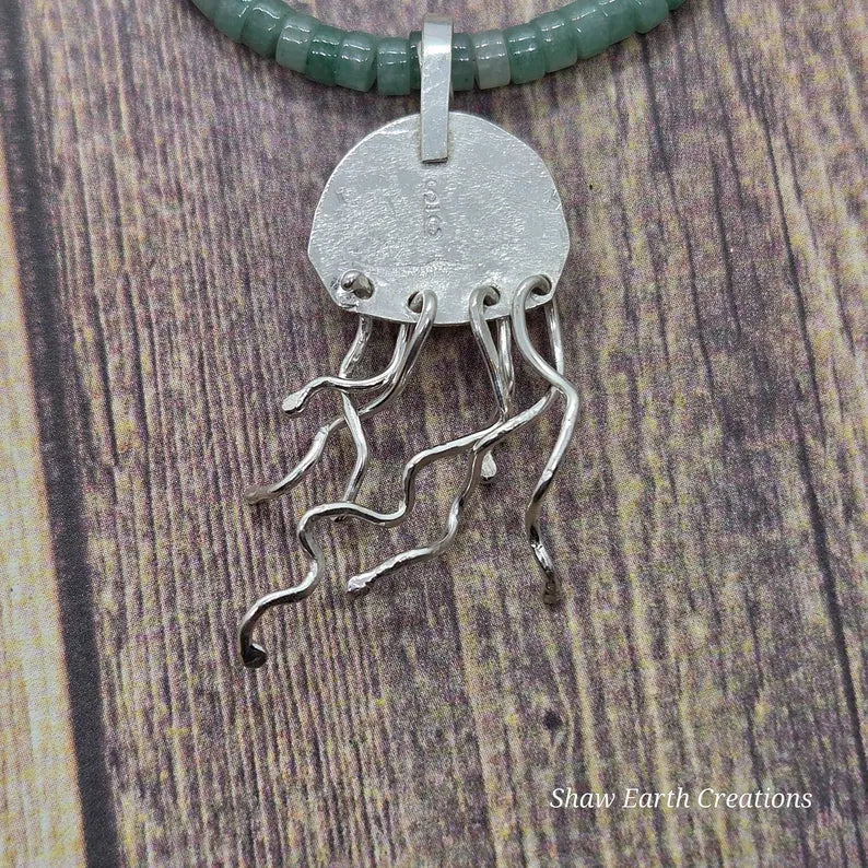 Handcut Green Turquoise and Aventurine Sterling Silver Jellyfish Necklace