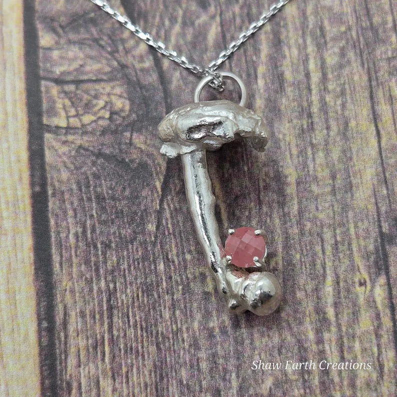 Hand Faceted Argentinian Rhodochrosite Sterling Silver Mushroom Necklace