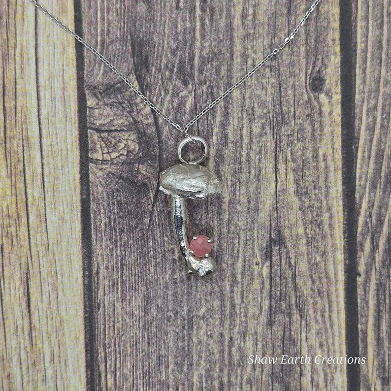 Hand Faceted Argentinian Rhodochrosite Sterling Silver Mushroom Necklace