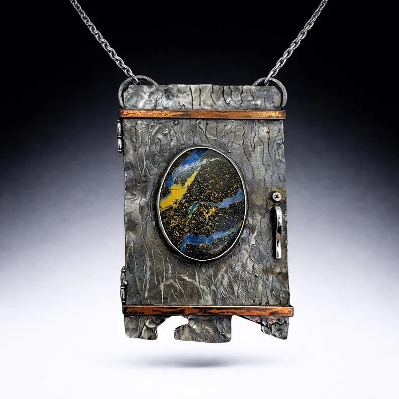 Handcut Australian Boulder Opal Sterling Silver and Copper Portal Necklace