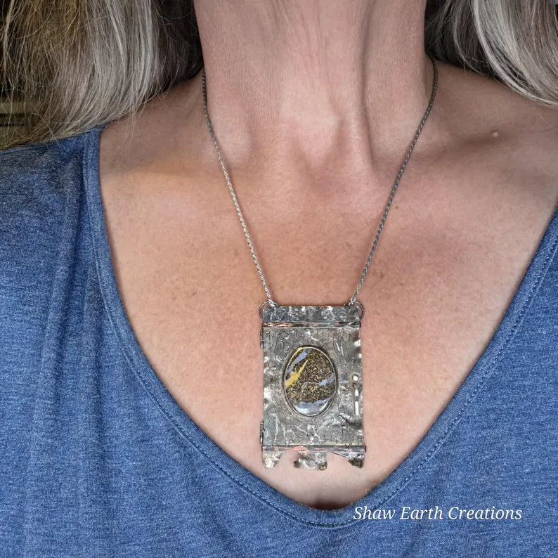 Handcut Australian Boulder Opal Sterling Silver and Copper Portal Necklace