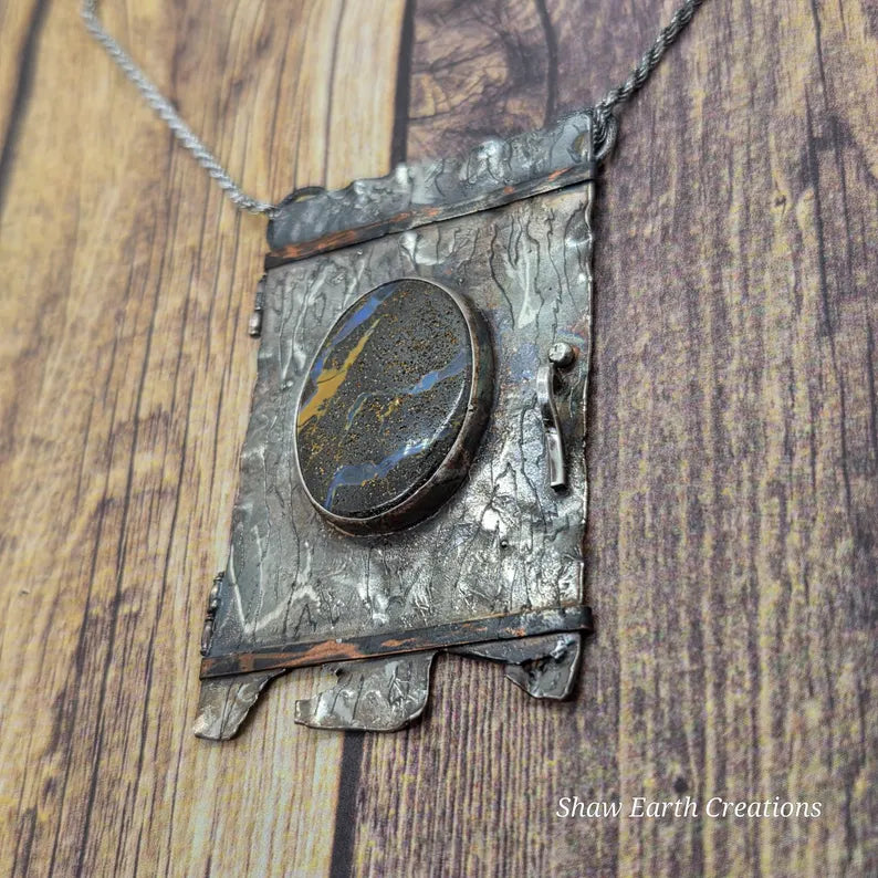 Handcut Australian Boulder Opal Sterling Silver and Copper Portal Necklace
