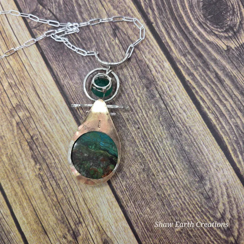 Chrysocolla Statement Necklace with Faceted Chrysoprase, Handmade Silver Pendant, Brutalist Necklace