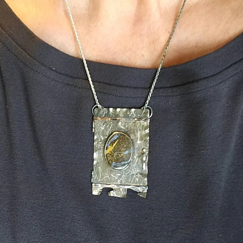 Handcut Australian Boulder Opal Sterling Silver and Copper Portal Necklace