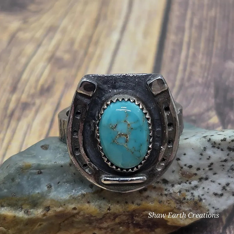 Genuine Handcut Royston Turquoise Ring, Handmade Sterling Silver Horseshoe Ring, Western Statement Jewelry