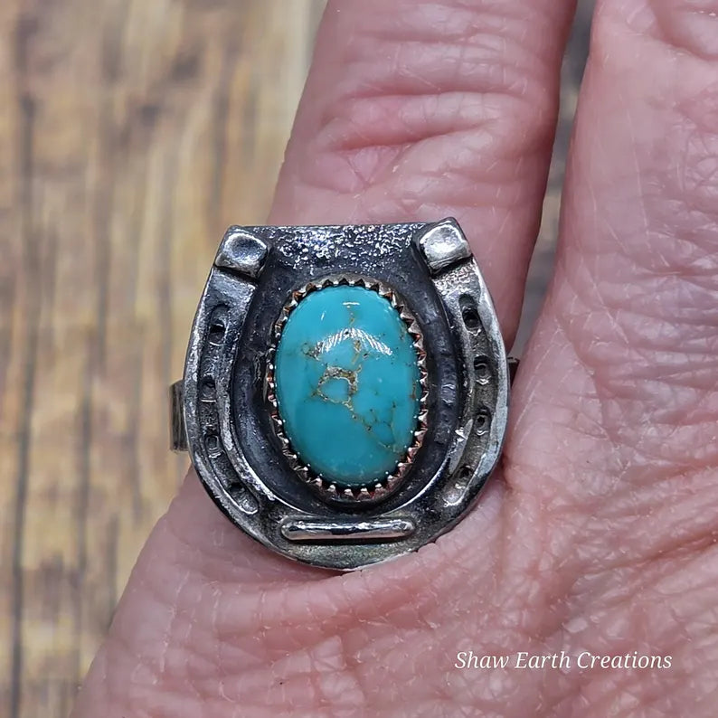 Genuine Handcut Royston Turquoise Ring, Handmade Sterling Silver Horseshoe Ring, Western Statement Jewelry