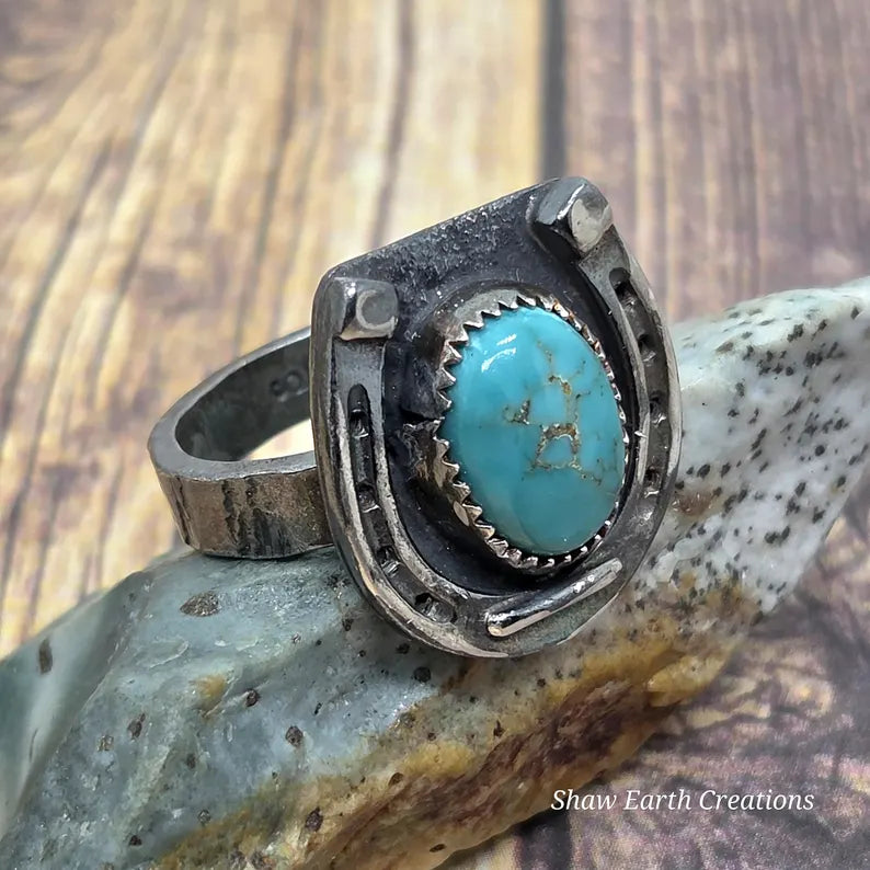 Genuine Handcut Royston Turquoise Ring, Handmade Sterling Silver Horseshoe Ring, Western Statement Jewelry