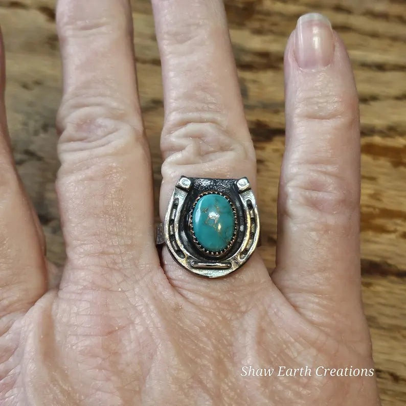 Genuine Handcut Royston Turquoise Ring, Handmade Sterling Silver Horseshoe Ring, Western Statement Jewelry
