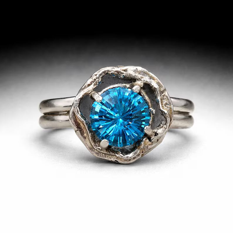 Genuine Blue Topaz Ring, Handmade Sterling Silver Solitaire Ring, 3.3 Carat Hand Faceted Blue Topaz Brutalist Statement Ring