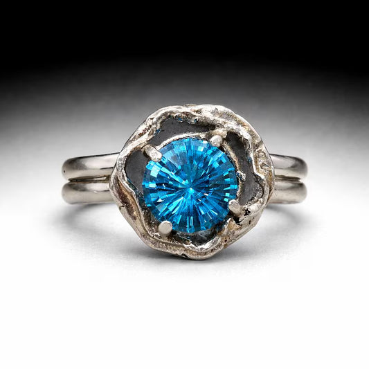 Genuine Blue Topaz Ring, Handmade Sterling Silver Solitaire Ring, 3.3 Carat Hand Faceted Blue Topaz Brutalist Statement Ring