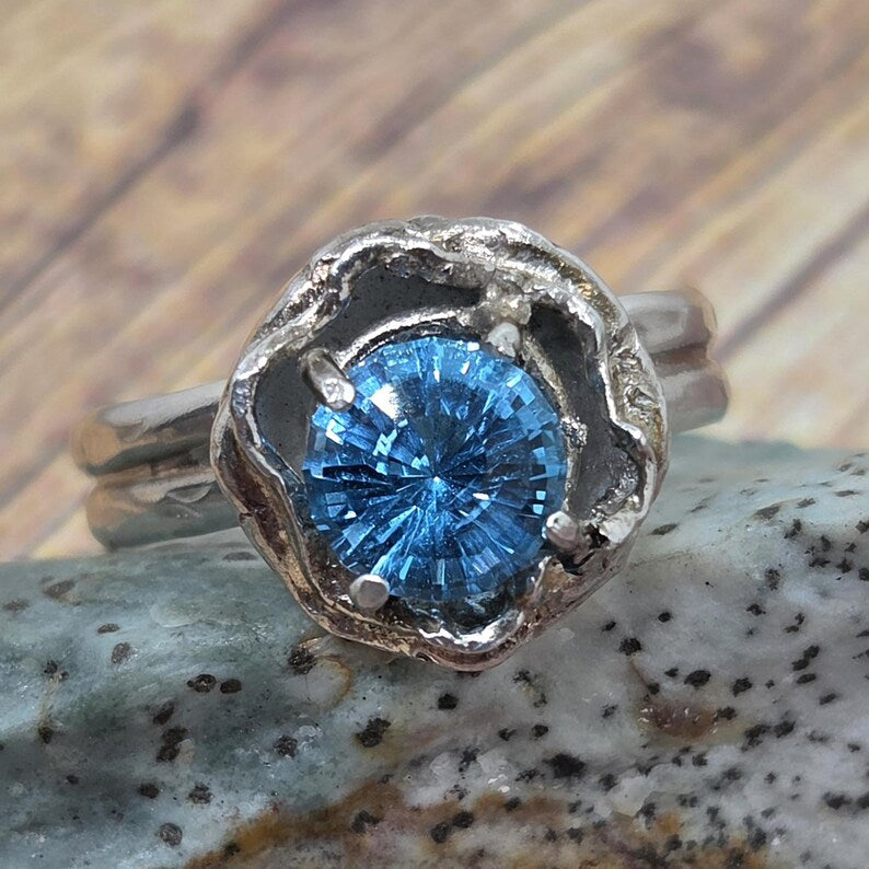 Genuine Blue Topaz Ring, Handmade Sterling Silver Solitaire Ring, 3.3 Carat Hand Faceted Blue Topaz Brutalist Statement Ring