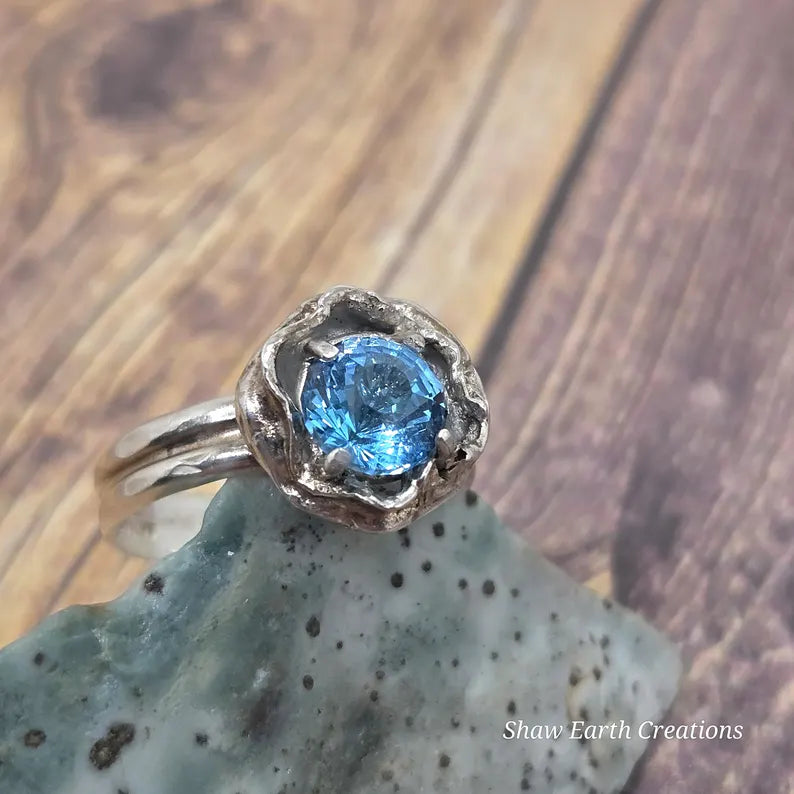Genuine Blue Topaz Ring, Handmade Sterling Silver Solitaire Ring, 3.3 Carat Hand Faceted Blue Topaz Brutalist Statement Ring