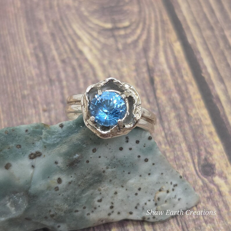 Genuine Blue Topaz Ring, Handmade Sterling Silver Solitaire Ring, 3.3 Carat Hand Faceted Blue Topaz Brutalist Statement Ring
