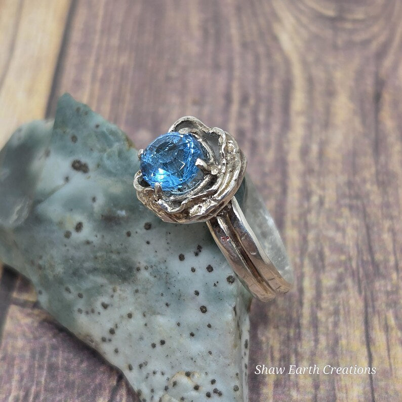 Genuine Blue Topaz Ring, Handmade Sterling Silver Solitaire Ring, 3.3 Carat Hand Faceted Blue Topaz Brutalist Statement Ring