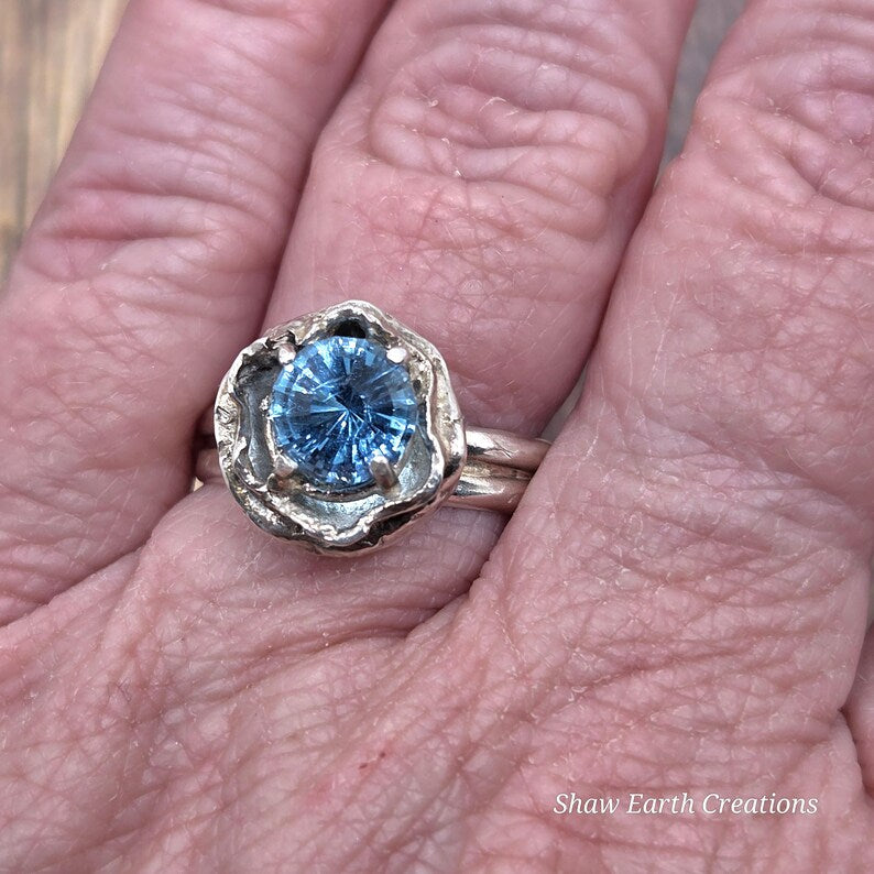 Genuine Blue Topaz Ring, Handmade Sterling Silver Solitaire Ring, 3.3 Carat Hand Faceted Blue Topaz Brutalist Statement Ring