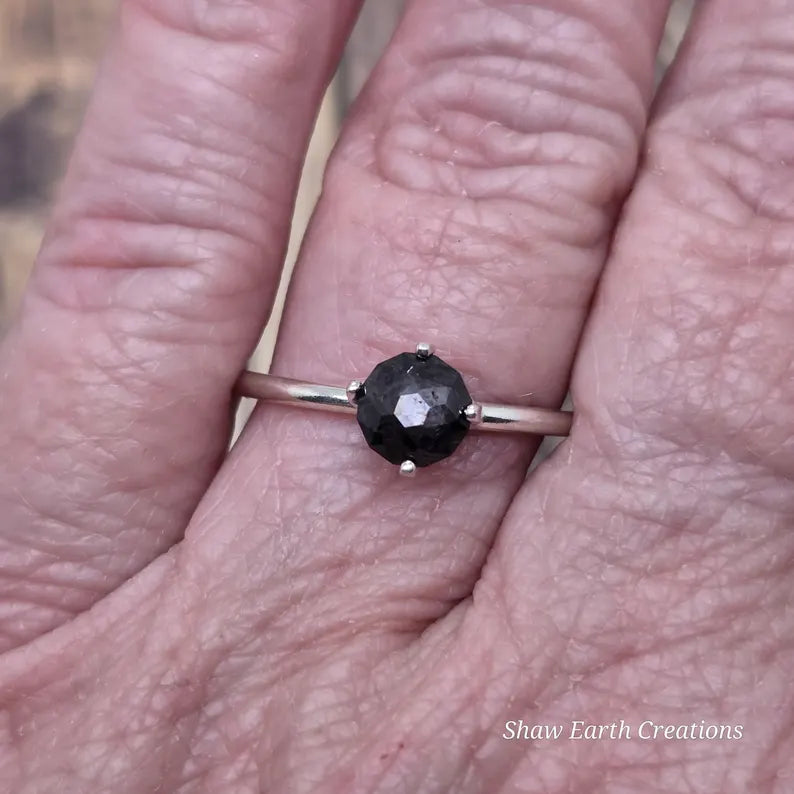 Genuine Handcut Shimmering Black Sapphire Ring, Handmade Sterling Silver Solitaire Ring, 1.4 Carat Hand Cut Gemstone Jewelry