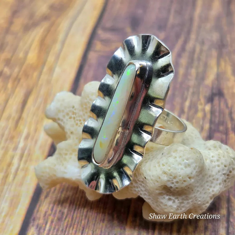 Genuine Handcut Australian Opal Ring, Handmade Sterling Silver Statement Ring, 3 Carat Hand Cut Opal Jewelry