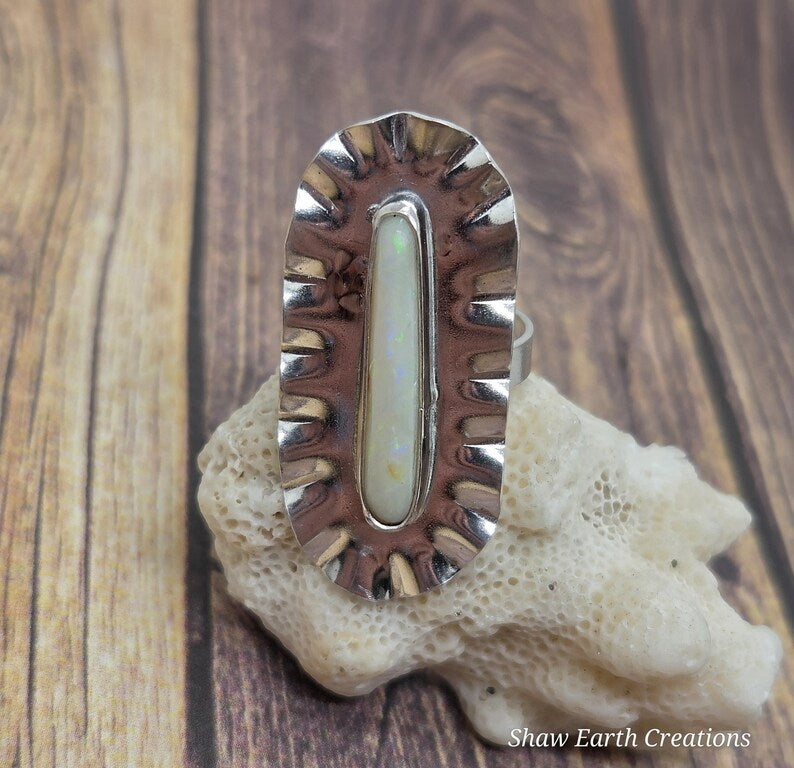 Genuine Handcut Australian Opal Ring, Handmade Sterling Silver Statement Ring, 3 Carat Hand Cut Opal Jewelry
