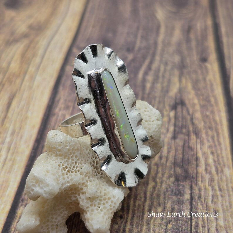 Genuine Handcut Australian Opal Ring, Handmade Sterling Silver Statement Ring, 3 Carat Hand Cut Opal Jewelry