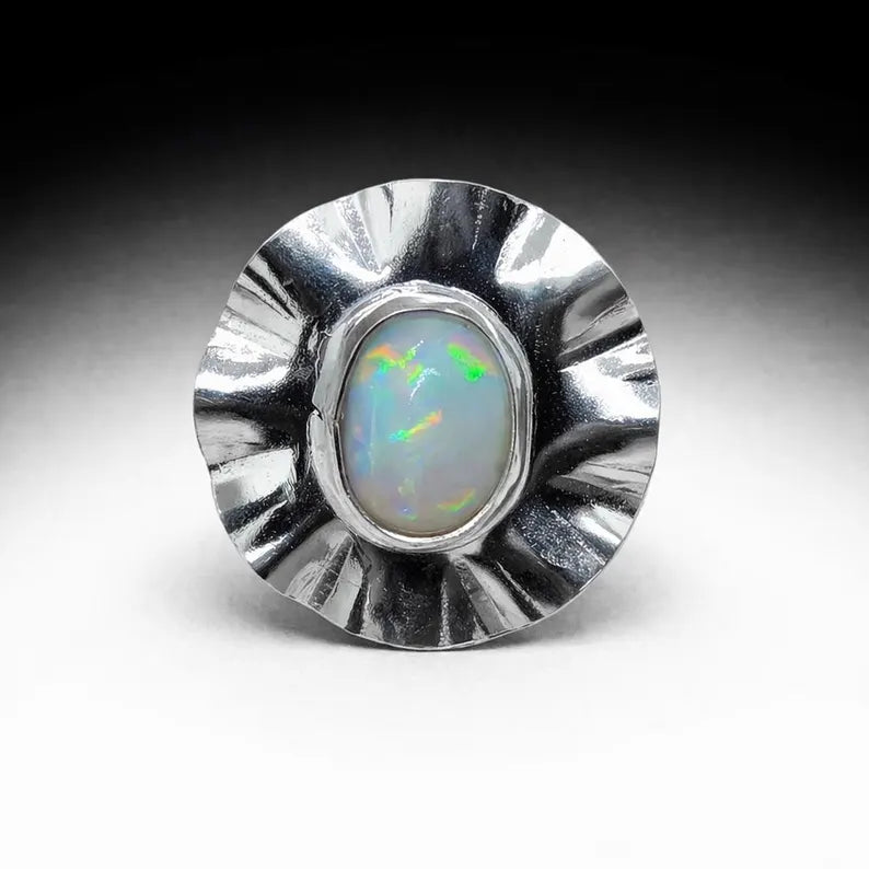 Genuine Australian Opal Ring, Handmade Sterling Silver Statement Ring, 3 Carat Hand Cut Opal Jewelry