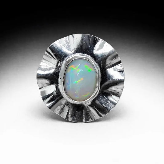 Genuine Australian Opal Ring, Handmade Sterling Silver Statement Ring, 3 Carat Hand Cut Opal Jewelry