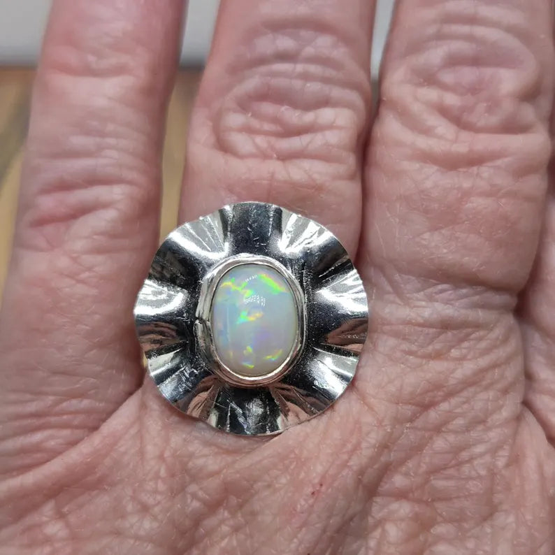 Genuine Australian Opal Ring, Handmade Sterling Silver Statement Ring, 3 Carat Hand Cut Opal Jewelry