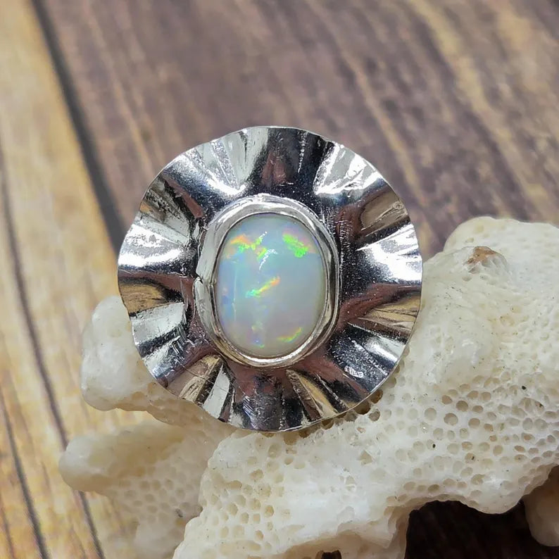 Genuine Australian Opal Ring, Handmade Sterling Silver Statement Ring, 3 Carat Hand Cut Opal Jewelry