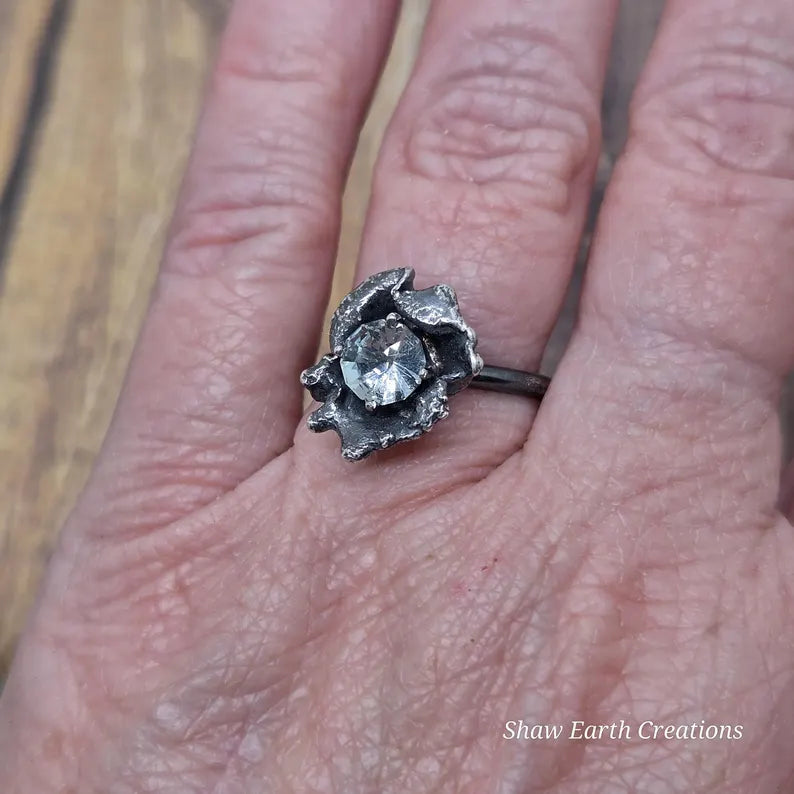 Handcut 1.75ct Aquamarine Brutalist Sterling Silver Ring