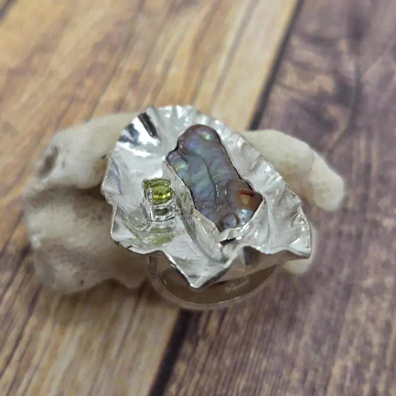 Genuine Freshwater Pearl and Genuine hand faceted Peridot Ring, Handmade Sterling Silver Brutalist Jewelry