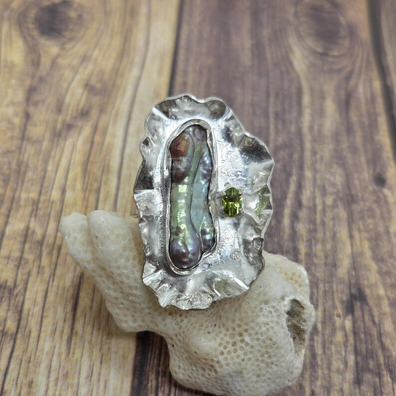 Genuine Freshwater Pearl and Genuine hand faceted Peridot Ring, Handmade Sterling Silver Brutalist Jewelry