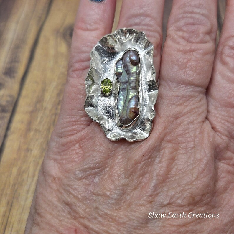 Genuine Freshwater Pearl and Genuine hand faceted Peridot Ring, Handmade Sterling Silver Brutalist Jewelry