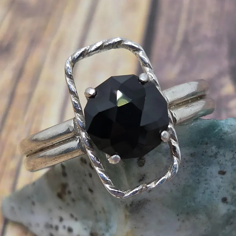 Genuine Hand Faceted Black Spinel Statement Ring, Handmade Silver Ring, Bold Minimalist Jewelry