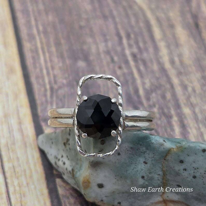 Genuine Hand Faceted Black Spinel Statement Ring, Handmade Silver Ring, Bold Minimalist Jewelry