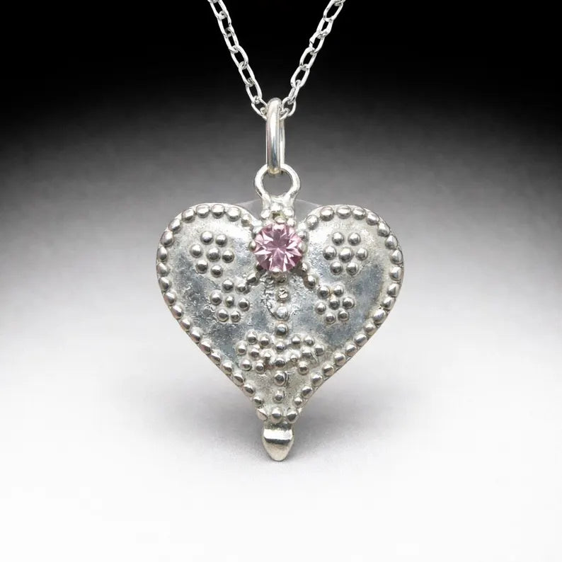 Handcut .25ct Pink Spinel Fancy Silver Heart Necklace