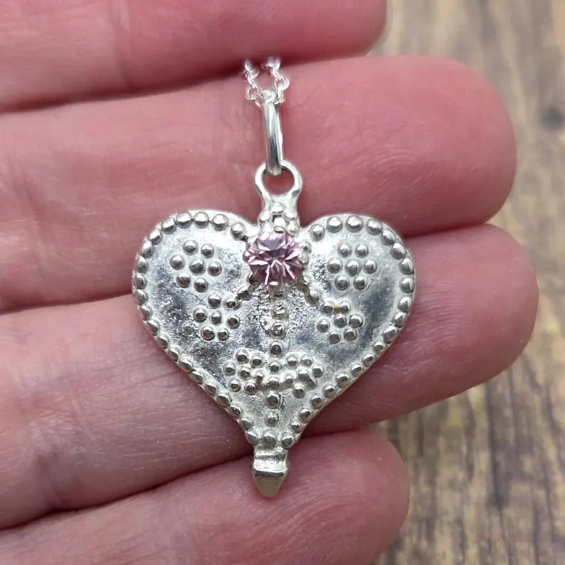 Handcut .25ct Pink Spinel Fancy Silver Heart Necklace