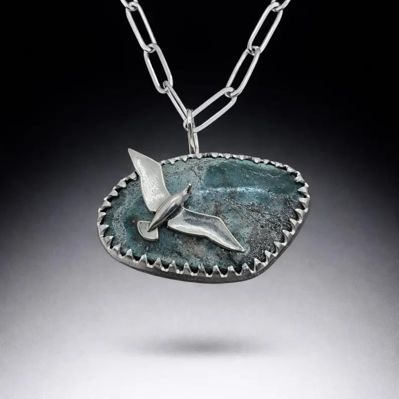 Handcut Bisbee Turquoise Seagull Sterling Silver Necklace