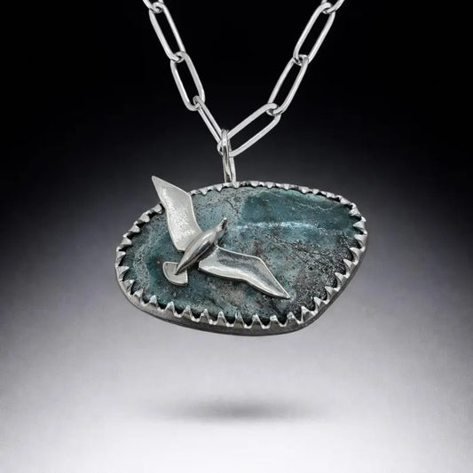Handcut Bisbee Turquoise Seagull Sterling Silver Necklace