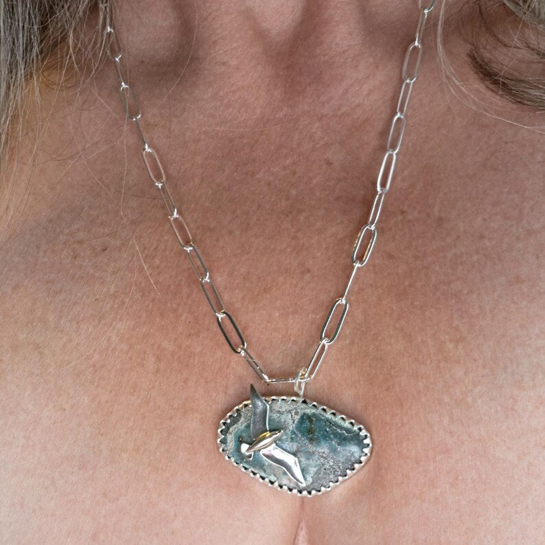 Handcut Bisbee Turquoise Seagull Sterling Silver Necklace