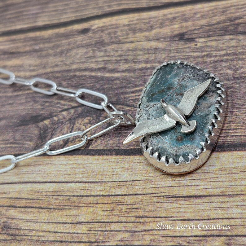 Handcut Bisbee Turquoise Seagull Sterling Silver Necklace