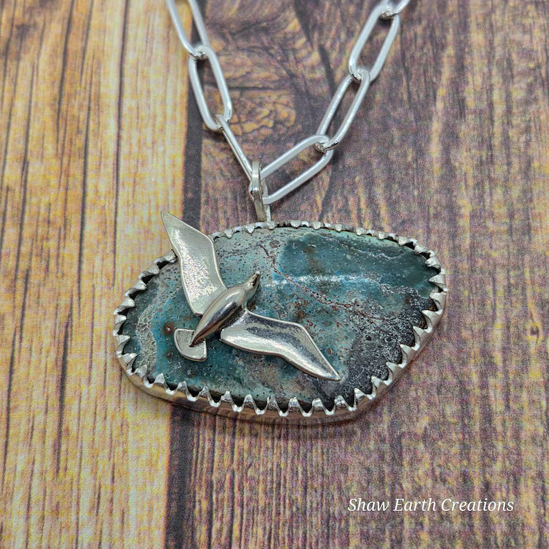 Handcut Bisbee Turquoise Seagull Sterling Silver Necklace