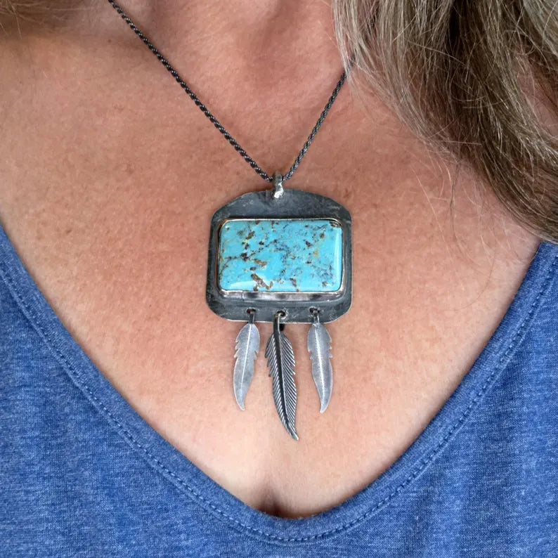Handcut Campitos Turquoise Feather Sterling Silver Necklace